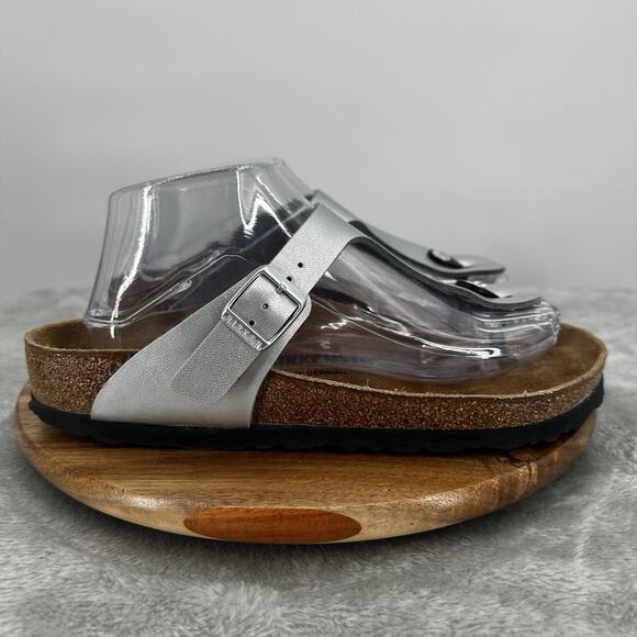 Birkenstock Shoes - Birkenstock Sandals Womens 39 Gizeh Thong Silver Metallic Buckle Toe Post Flats